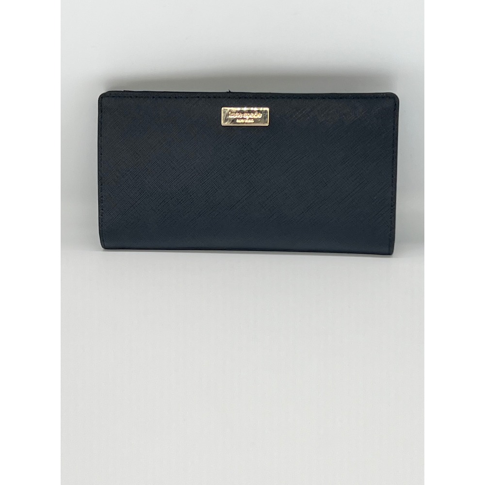 Kate Spade New York Black Saffiano Leather Bifold Slim Wallet Gold Logo C081